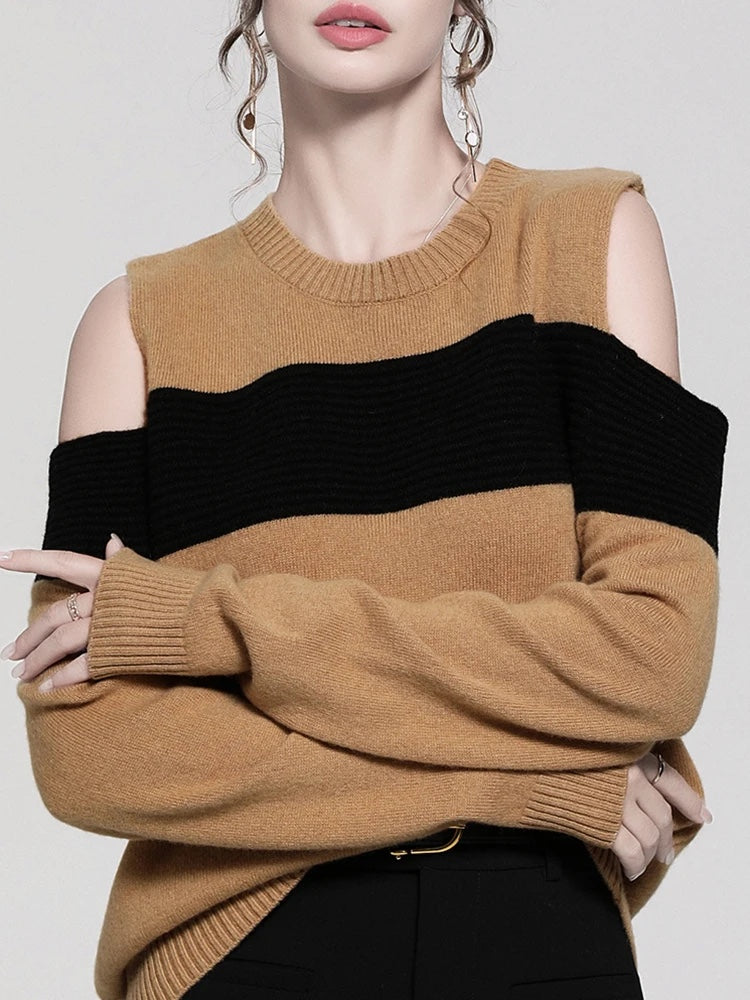 UNIKCOSA Colorblock Off-Shoulder Knit Sweater — Casual Chic Striped Pullover for Women 🧶