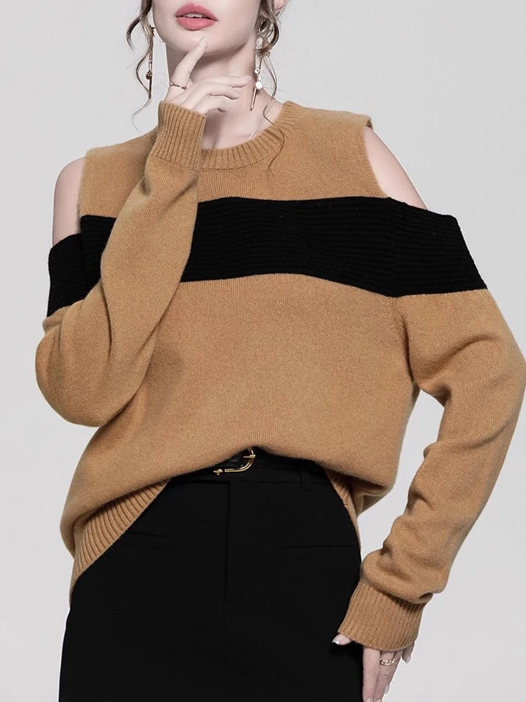 UNIKCOSA Colorblock Off-Shoulder Knit Sweater — Casual Chic Striped Pullover for Women 🧶