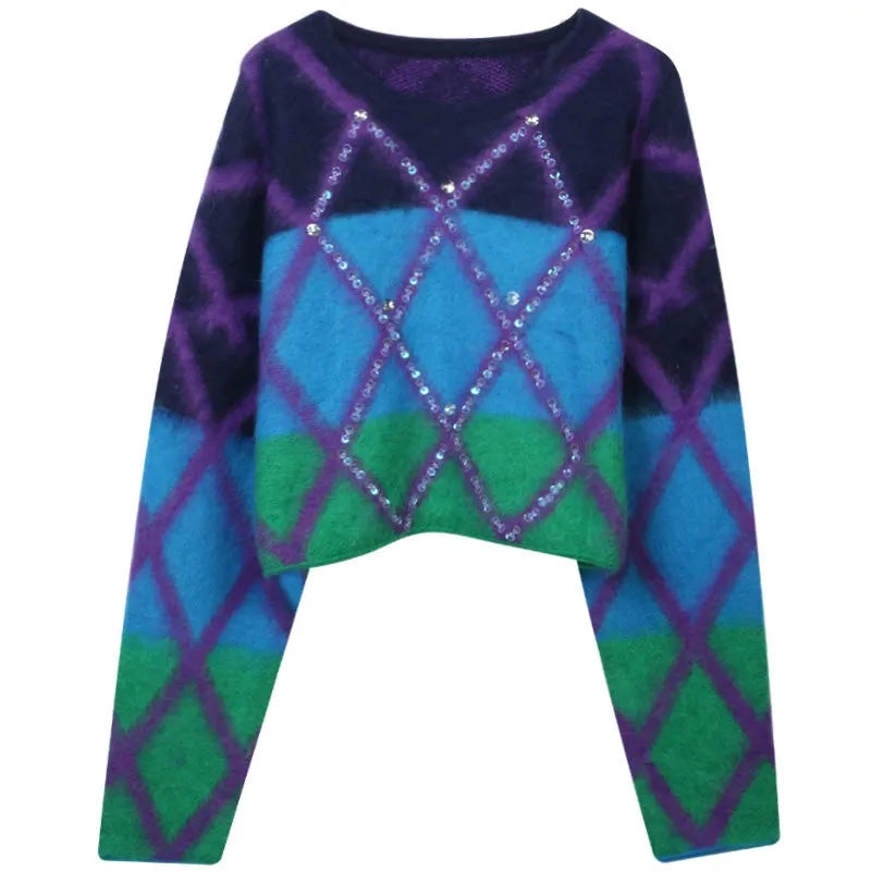 UNIKCOSA GemWeave Color-Contrast Diamond Beaded Sweater for Women π