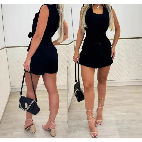 UNIKCOSA™ 2025 Summer Elegant Jumpsuit – Sleeveless Notched Collar Romper with Button & Tie Detail | Women’s Casual One-Piece Outfit