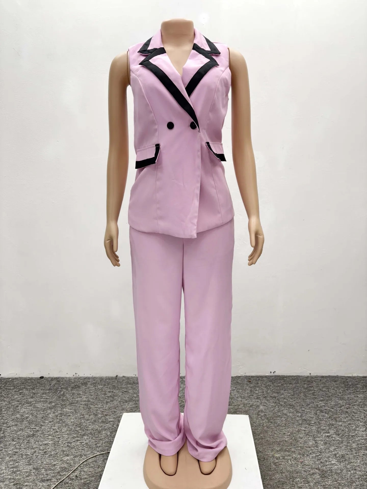UNIKCOSA™ Pink 2-Piece Pant Set – Elegant Double-Breasted Vest Top & High-Waist Wide-Leg Pants | Women’s Y2K Work & Streetwear Outfit