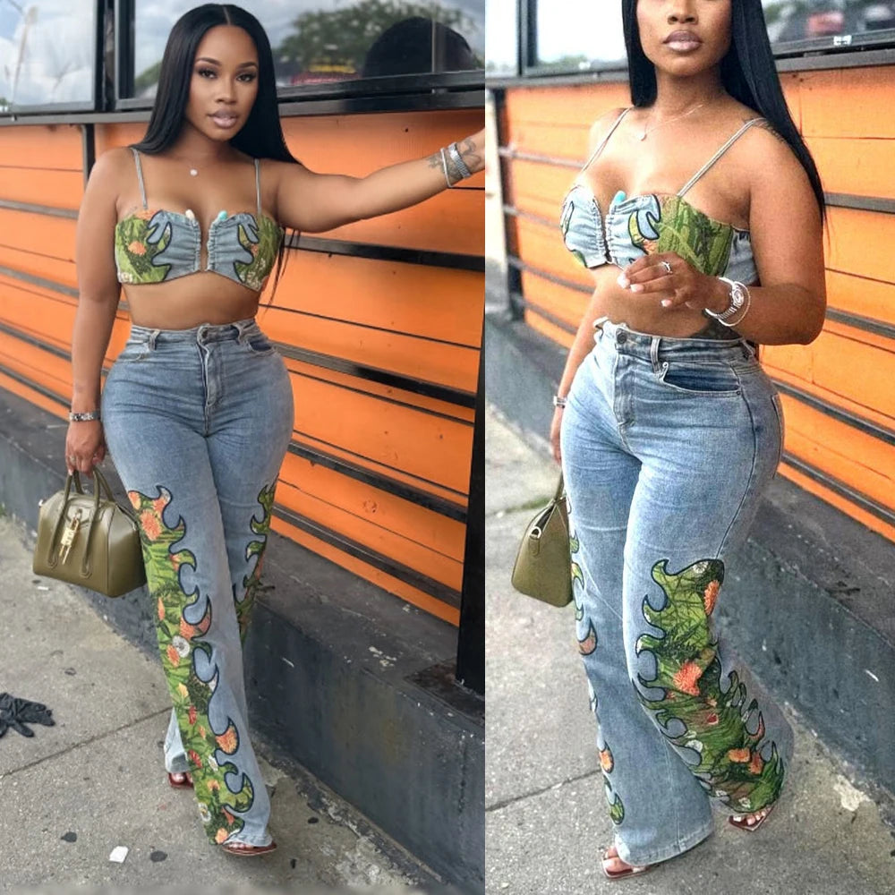 UNIKCOSA’s 2025 Floral Denim Set — Crop Top + Wide-Leg Jeans Streetwear Chic