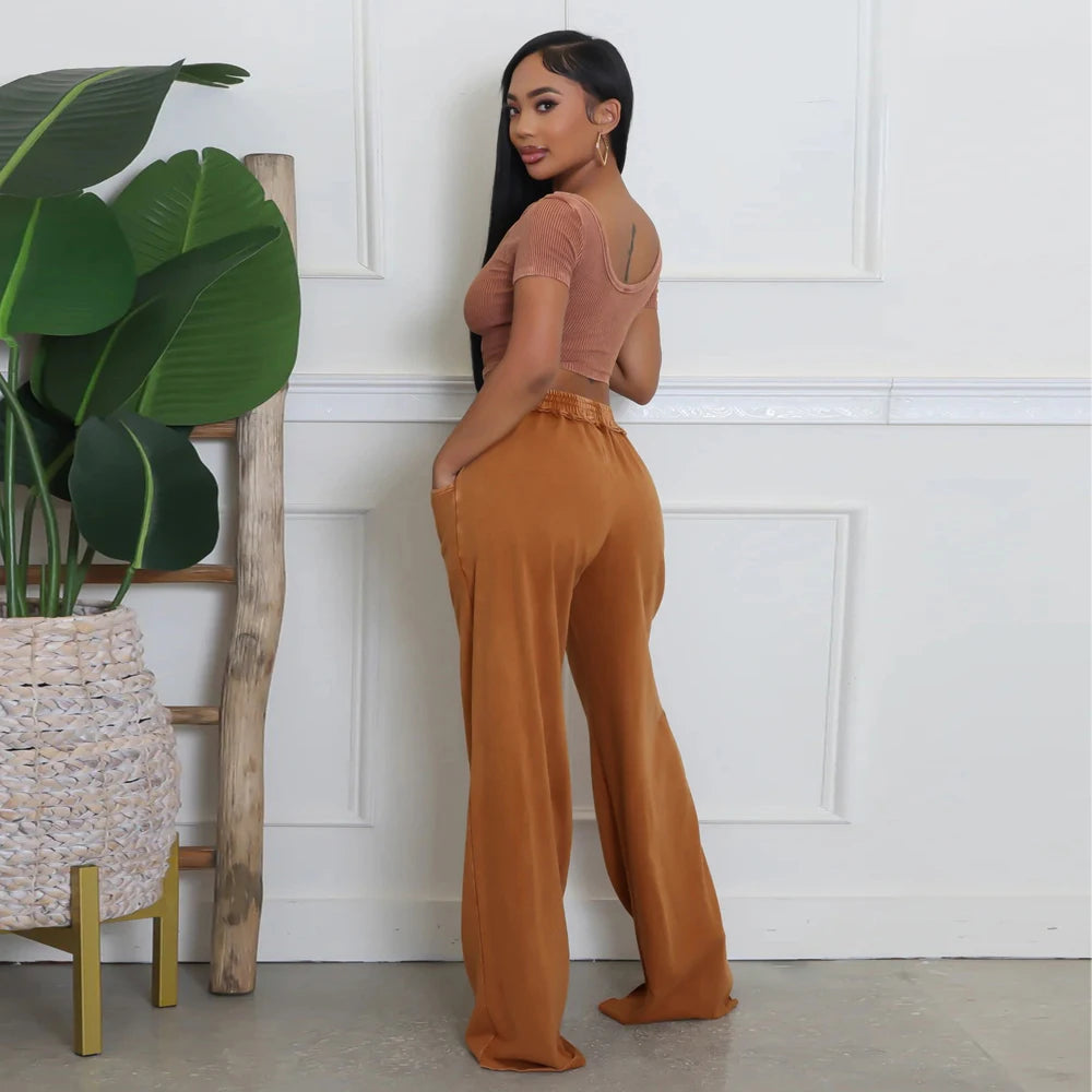 UNIKCOSA’s Distressed Tracksuit Set — U-Neck Crop Top + Wide-Leg Pants Elegance