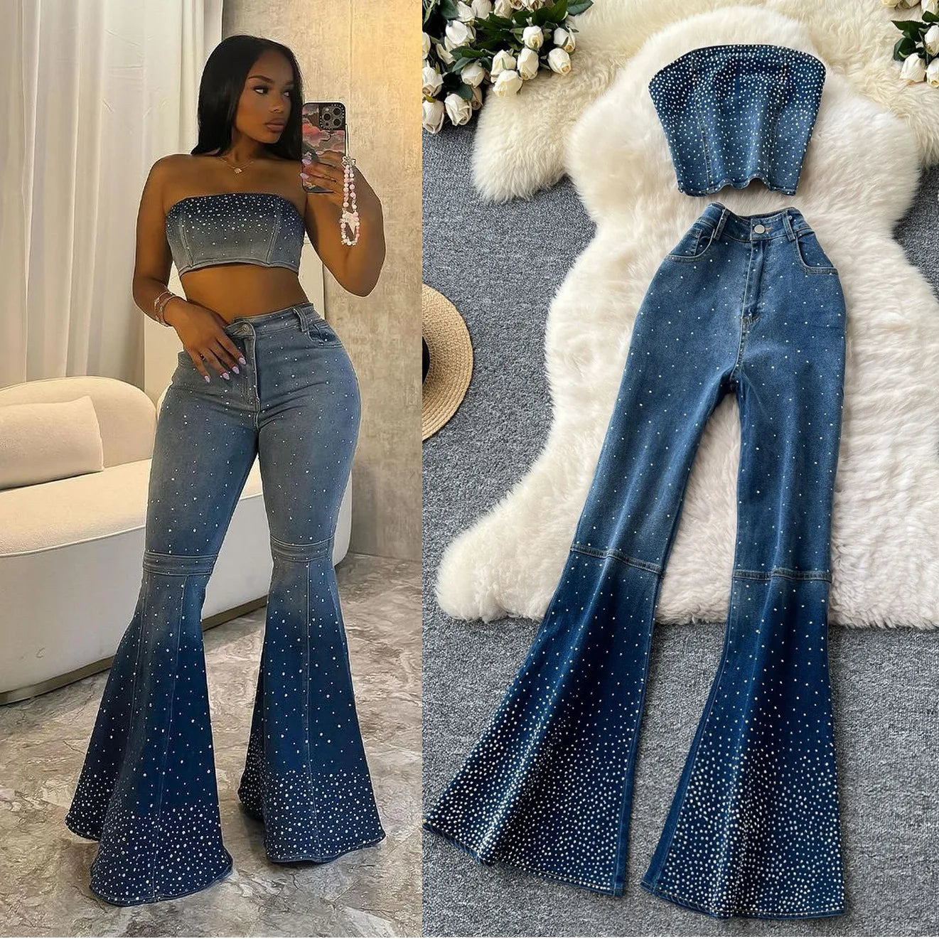 UNIKCOSA™ Diamond Denim 2-Piece Set – Sleeveless Crop Top & High-Waist Flare Pants | Sexy Slim Fit Women’s Matching Outfit