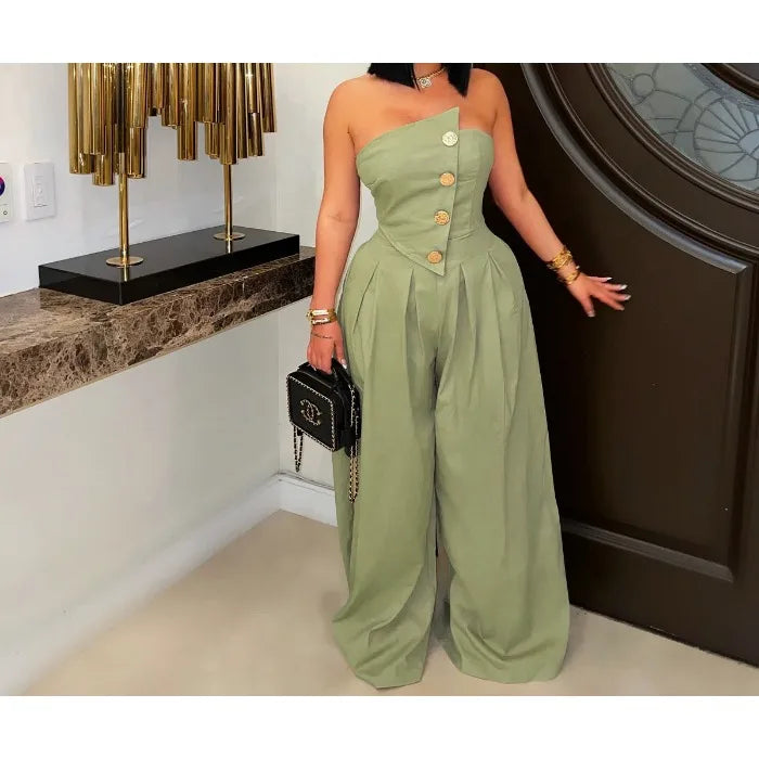 UNIKCOSA™ 2025 Summer Strapless Jumpsuit – Sexy High-Waist Button-Up Wide-Leg One-Piece | Women’s Sleeveless Fashion Outfit