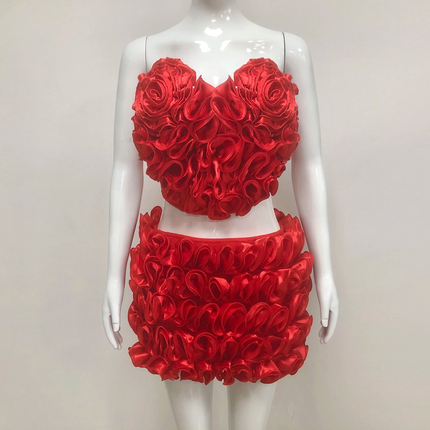 UNIKCOSA’s Red Floral 2-Piece Bandage Set — Strapless Crop Top + Bodycon Mini Skirt