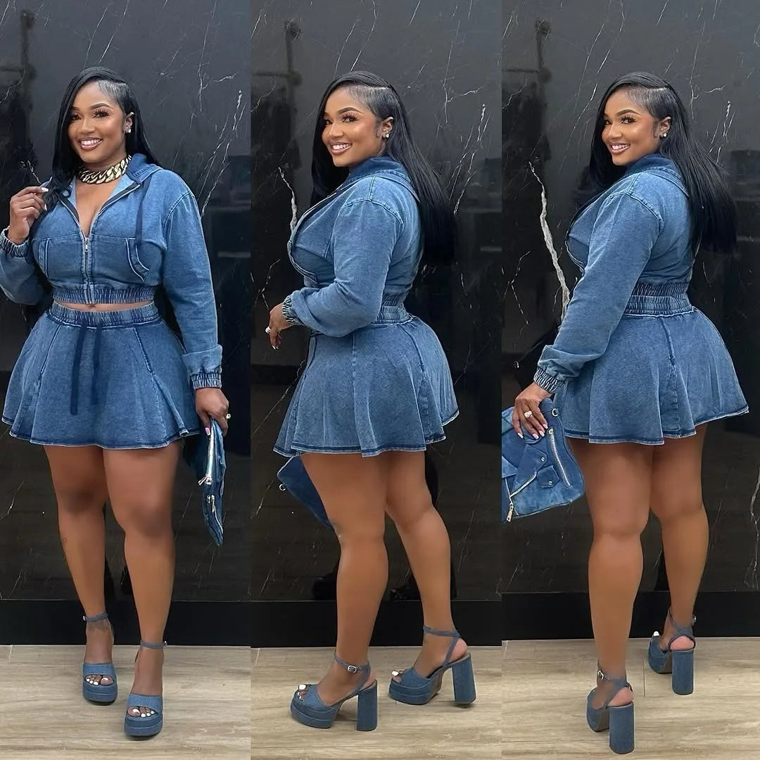 UNIKCOSA™ Denim Skirt 2-Piece Set – Hooded Zipper Top & High-Waist A-Line Skirt | Women’s Y2K Streetwear Matching Outfit