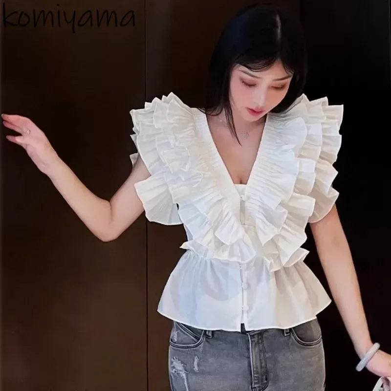 UNIKCOSA Luxe Ruffle Top V Neck Blouse Flow Hem Chic Vibe 🌸
