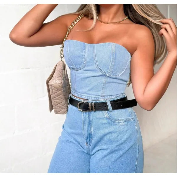 UNIKCOSA™ 2025 Summer Denim Tank Top – Sexy Solid Bandeau Crop Vest with Back Zipper | Women’s Sleeveless Hot Girl Casual Outfit
