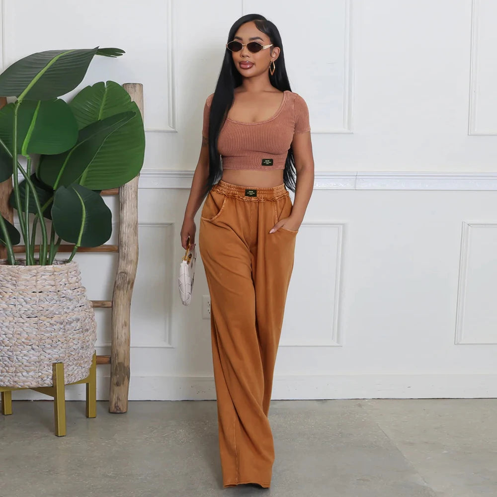 UNIKCOSA’s Distressed Tracksuit Set — U-Neck Crop Top + Wide-Leg Pants Elegance