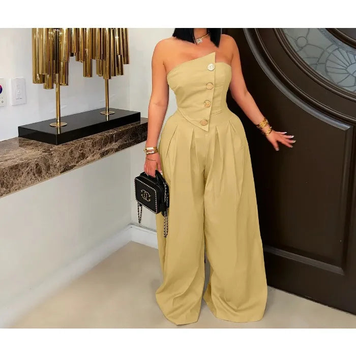 UNIKCOSA™ 2025 Summer Strapless Jumpsuit – Sexy High-Waist Button-Up Wide-Leg One-Piece | Women’s Sleeveless Fashion Outfit