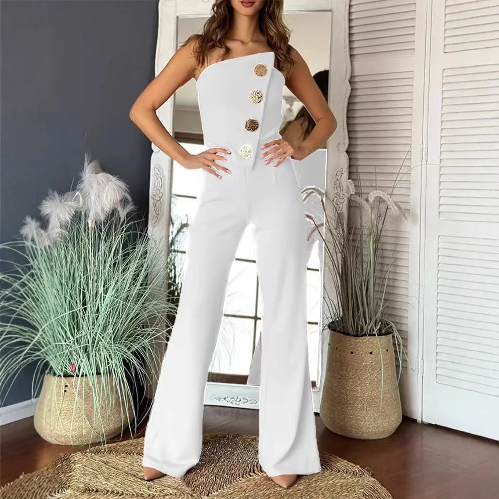 UNIKCOSA™ 2025 Summer Elegant Strapless Jumpsuit – Sexy Button-Decor Wide-Leg One-Piece | Women’s Sleeveless Streetwear Outfit