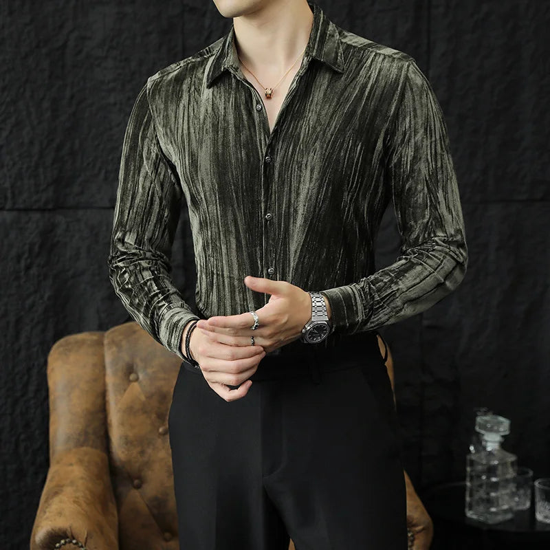 UNIKCOSA Men’s Luxury Velvet Grid Shirt – Slim Fit Long Sleeve Autumn/Winter 2025