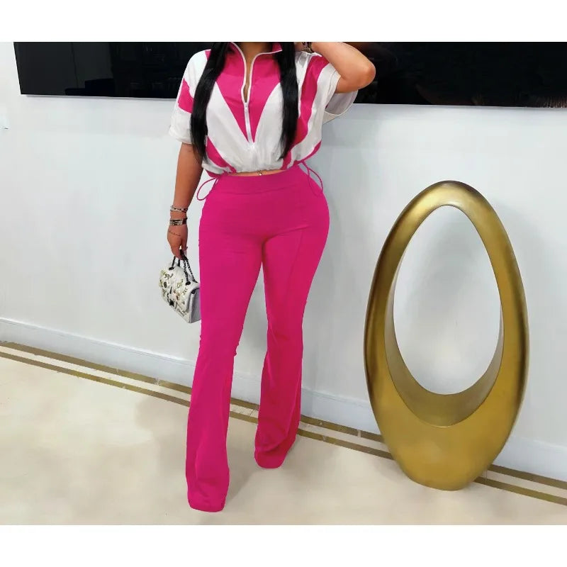 UNIKCOSA™ 2025 Summer Sporty 2-Piece Set – Short Sleeve Zip Top & Matching Pants | Women’s Casual Streetwear Tracksuit