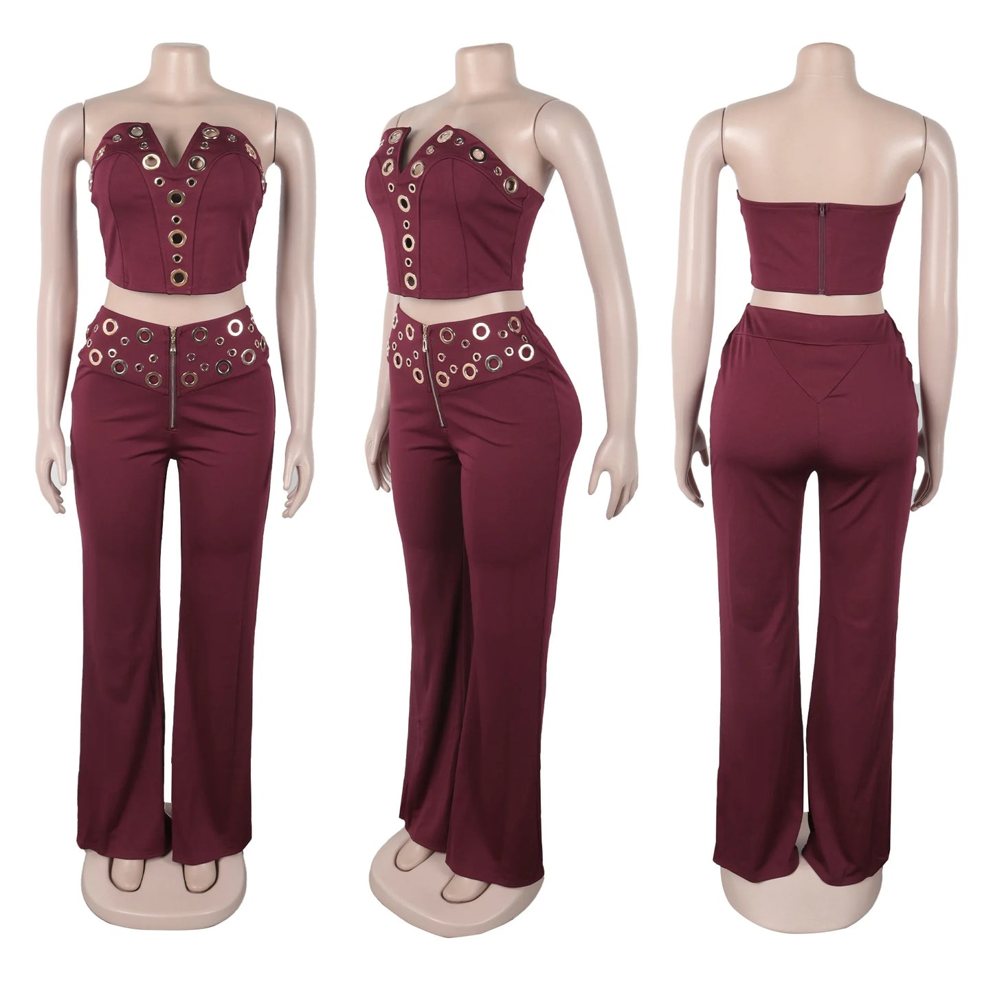 UNIKCOSA™ Sexy 2-Piece Pant Set – V-Neck Strapless Crop Top & High-Waist Slim Fit Pants | Women’s Y2K Streetwear Outfit