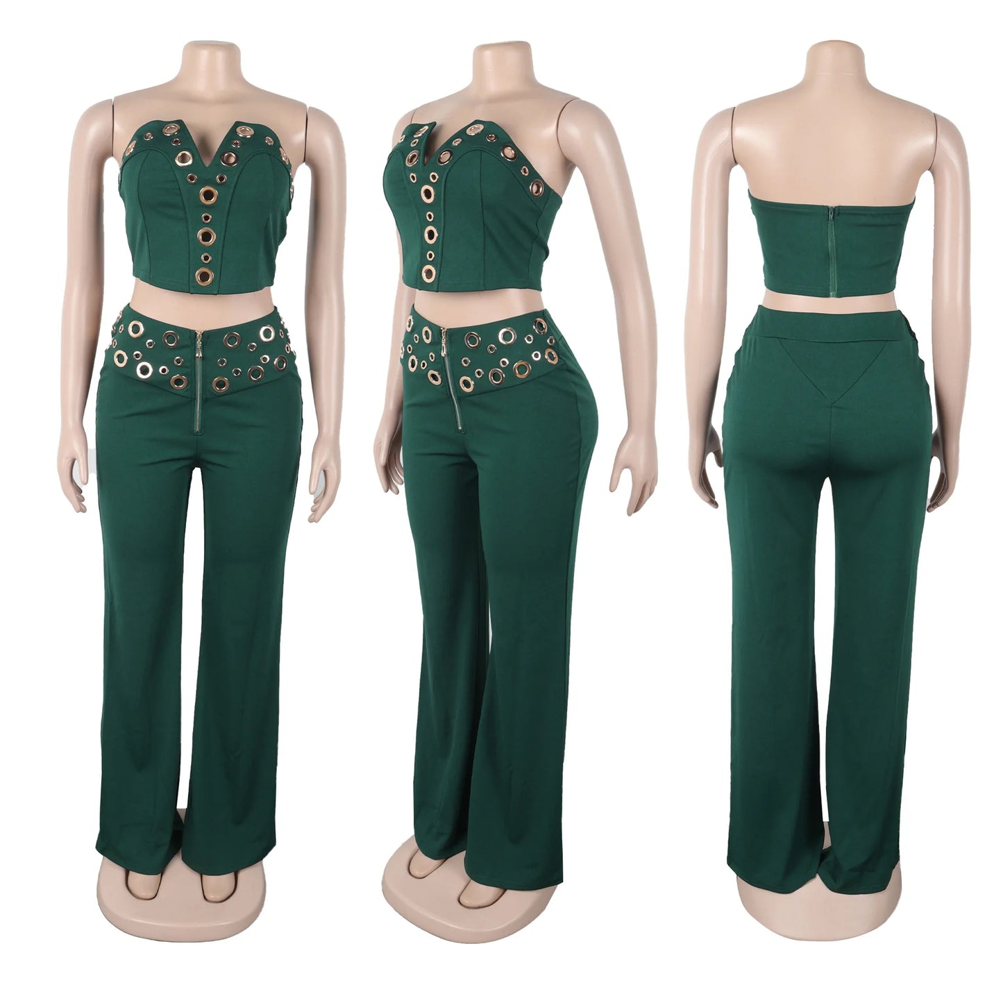 UNIKCOSA™ Sexy 2-Piece Pant Set – V-Neck Strapless Crop Top & High-Waist Slim Fit Pants | Women’s Y2K Streetwear Outfit