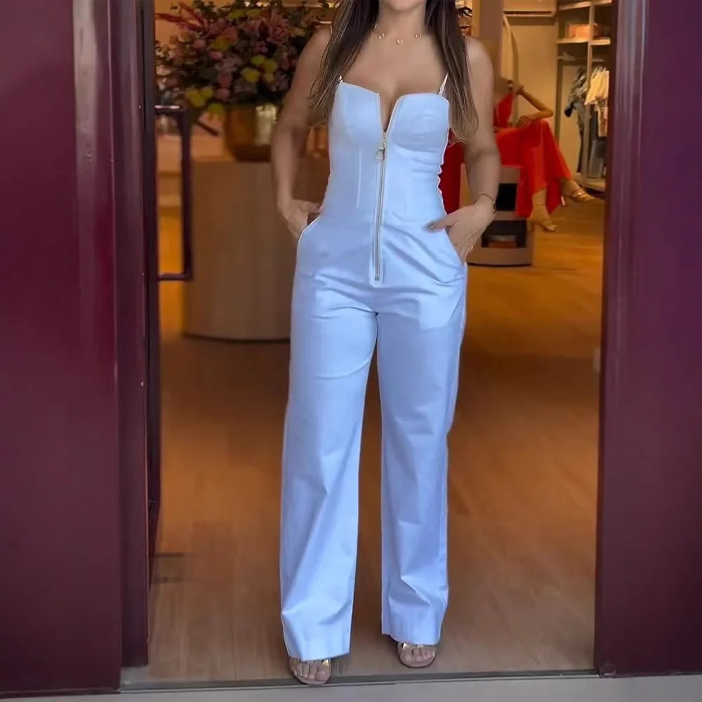 UNIKCOSA™ 2025 Summer Elegant Jumpsuit – Women’s Slim Fit Sleeveless Camisole with Pockets | Solid Y2K Streetwear Body Pants
