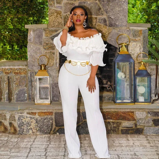 UNIKCOSA NoirFit White Party Jumpsuit OffShoulder HighWaist💫