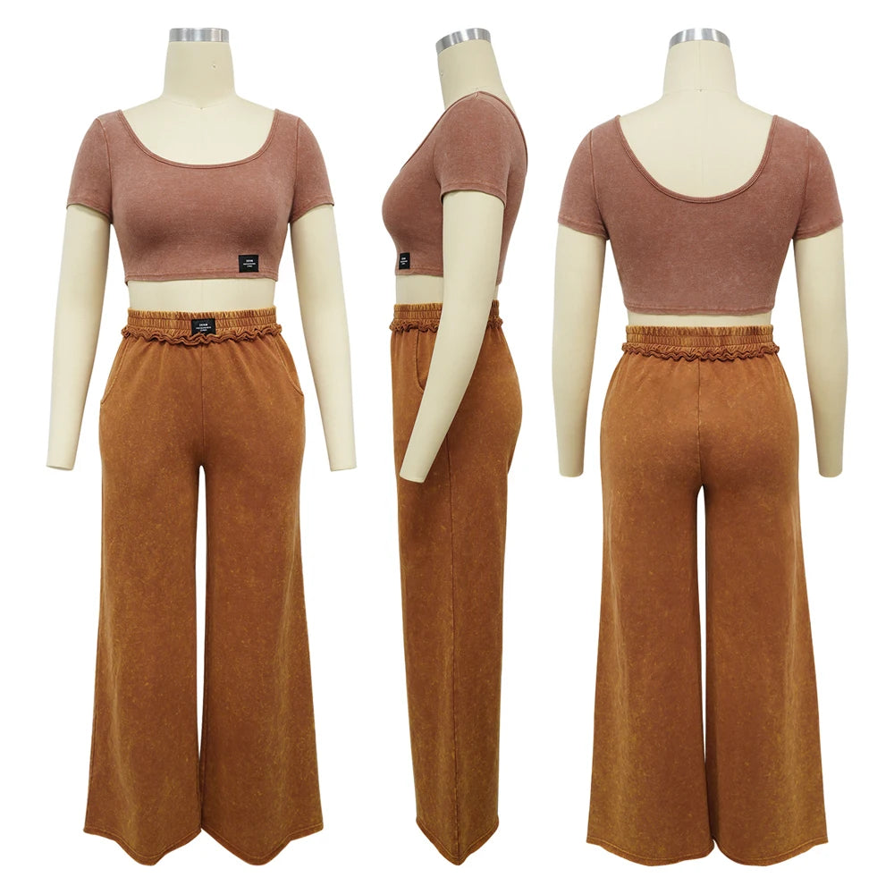UNIKCOSA’s Distressed Tracksuit Set — U-Neck Crop Top + Wide-Leg Pants Elegance