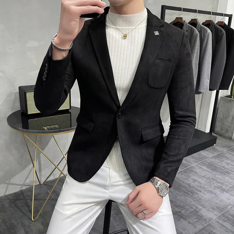 UNIKCOSA Men’s Suede Blazer – Slim Fit One-Button Plain Color Suit Jacket (6 Colors)