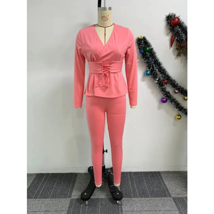 UNIKCOSA™ 2025 Fall Elegant 2-Piece Pant Set – V-Neck Slim-Fit Top & High-Waist Long Pants | Women’s Solid Casual Work Suit