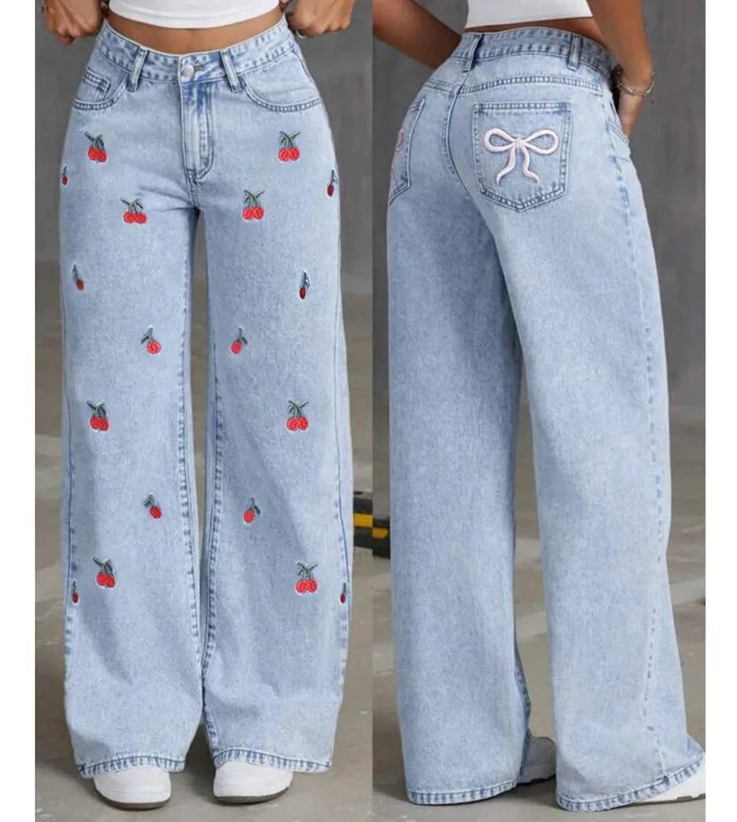 UNIKCOSA’s Vintage Embroidered Denim — High-Waist Distressed Wide-Leg Jeans