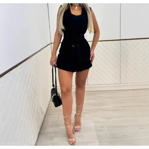 UNIKCOSA™ 2025 Summer Elegant Jumpsuit – Sleeveless Notched Collar Romper with Button & Tie Detail | Women’s Casual One-Piece Outfit
