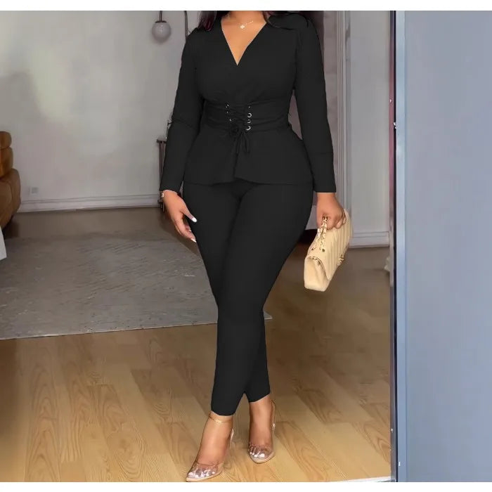 UNIKCOSA™ 2025 Fall Elegant 2-Piece Pant Set – V-Neck Slim-Fit Top & High-Waist Long Pants | Women’s Solid Casual Work Suit