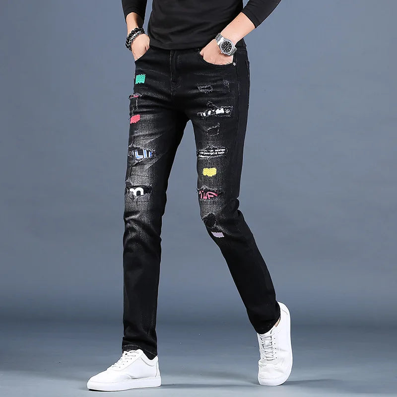 UNIKCOSA Men’s Ripped Embroidered Jeans – Slim Fit Black Patchwork Denim Casual Pants (Summer Thin Edition)