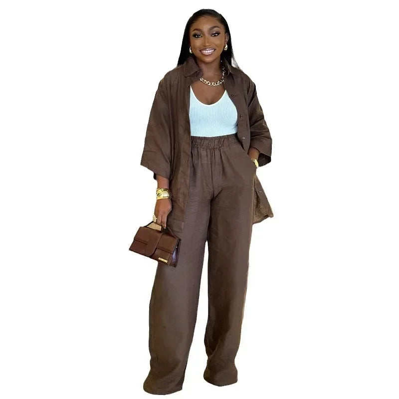 UNIKCOSA™ Coffee Shirt & Pant Set – Women’s 2-Piece Matching Outfit | Straight-Leg Pants & Relaxed Shirt Suit for Y2K Streetwear, Autumn & Spring