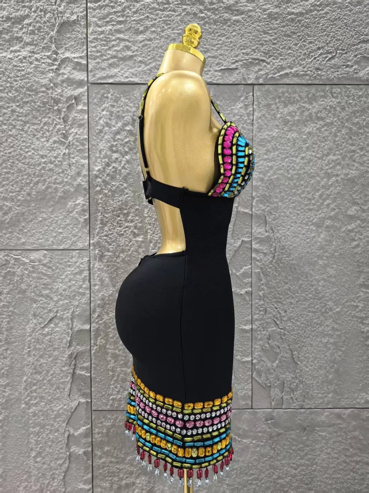 UNIKCOSA’s Crystal V-Neck Mini Dress — Black Bodycon Bandage with Colorful Sparkle