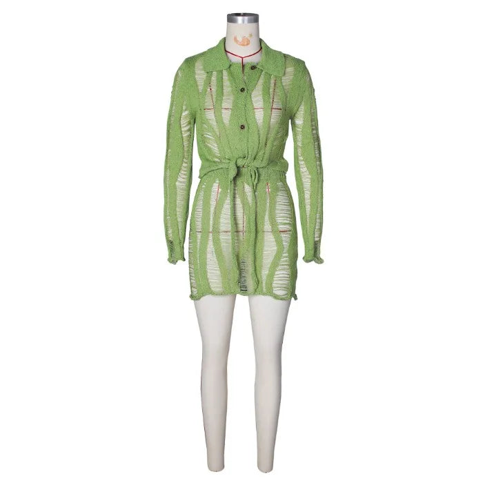 UNIKCOSA™ 2025 Summer Knitted Skirt Set – Sexy Hollow Long-Sleeve Collar Top & Mini Skirt | Women’s Streetwear Matching Outfit