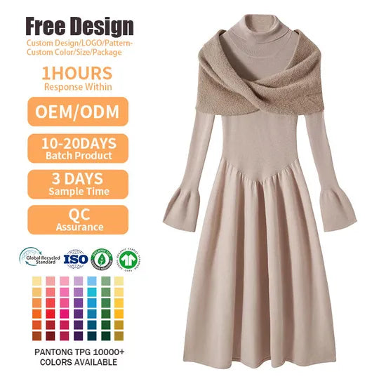 Chic Women's Turtleneck Long Sleeve Knitted Sweater Dress with Detachable Shawl