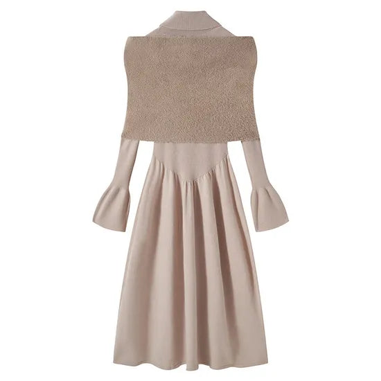 Chic Women's Turtleneck Long Sleeve Knitted Sweater Dress with Detachable Shawl