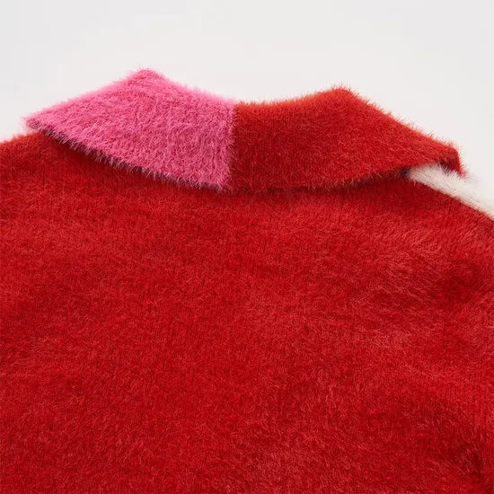 Cozy Colorblock Striped Furry Knit V-Neck Cardigan Sweater for Women Winter