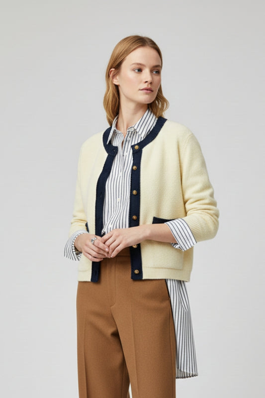 Chic Cream Cardigan with Navy denim Detailing