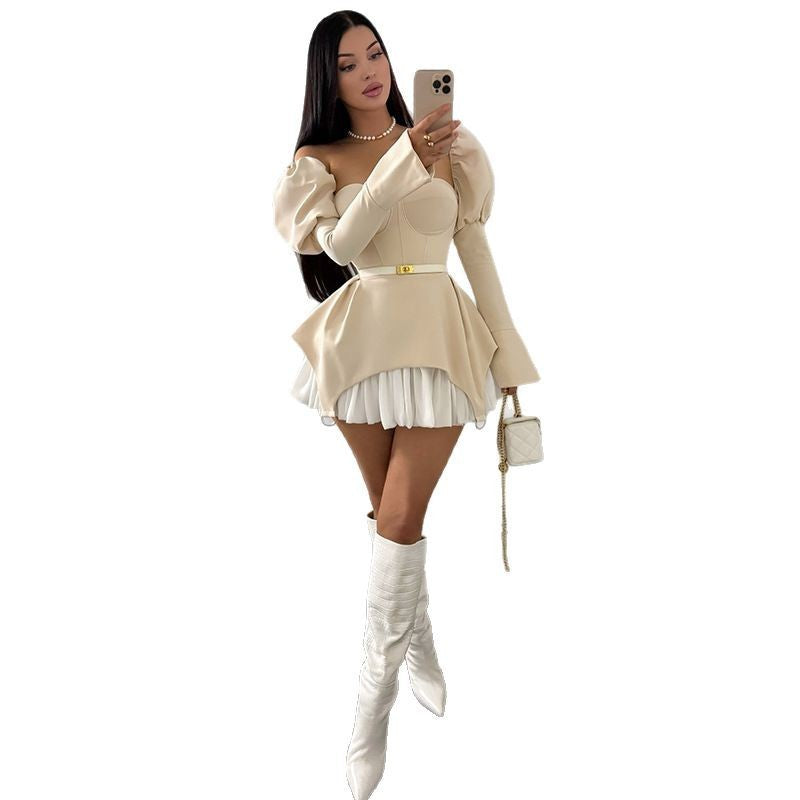 UNIKCOSA Velora Puff Sleeve Dress Wrapped Chest Hem Skirt π«