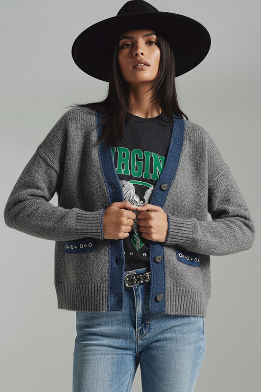 gray cardigan with denim fabric details