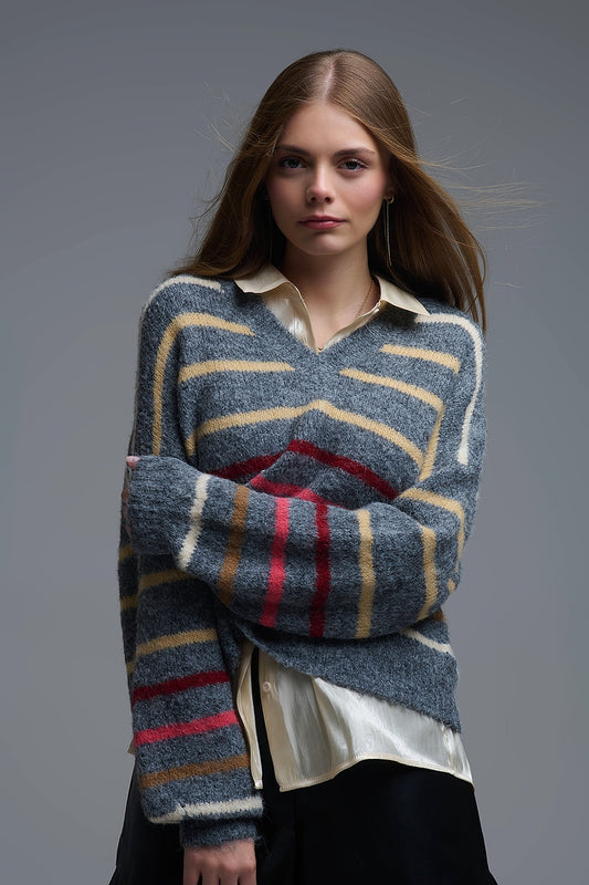 Grey Oversized Multicolor Stripe Sweater