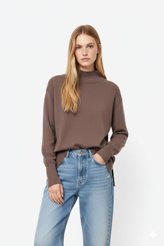 Loose brown sweater with open back detail