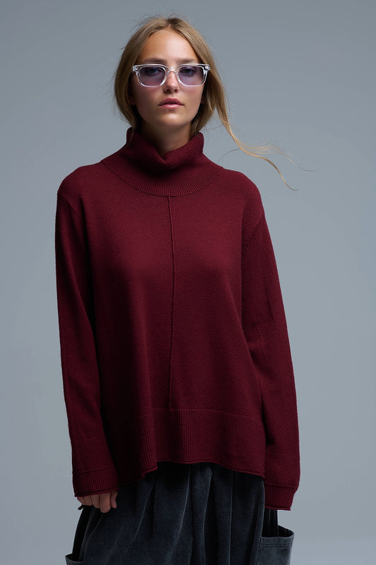 Oversized Roll Neck Sweater in Burgundy