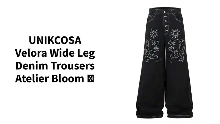 UNIKCOSA Velora Wide Leg Denim Trousers Atelier Bloom 💫 by@Outfy