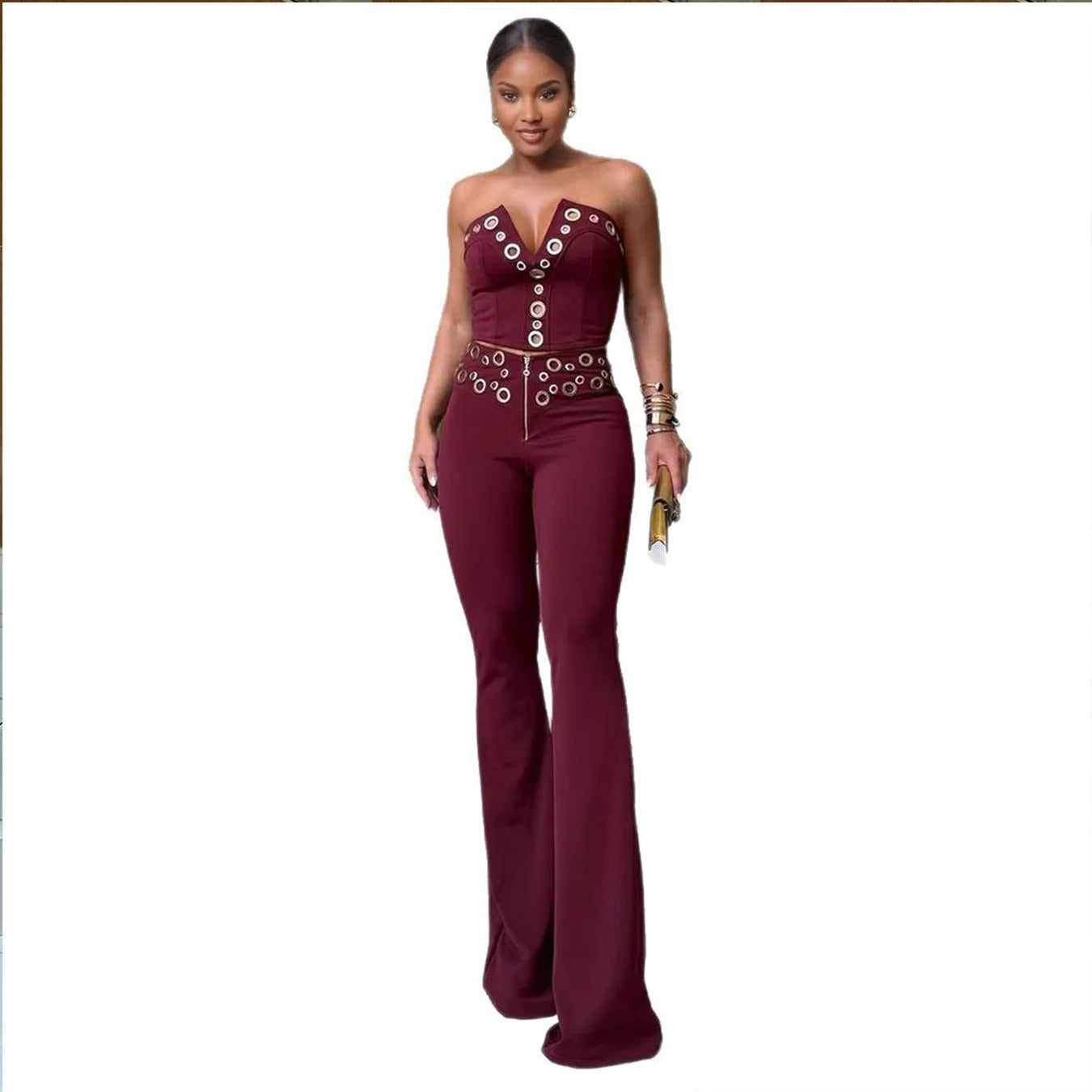 UNIKCOSA™ Sexy 2-Piece Pant Set – V-Neck Strapless Crop Top & High-Waist Slim Fit Pants | Women’s Y2K Streetwear Outfit