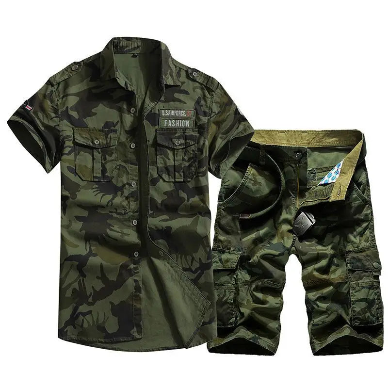 UNIKCOSA Men’s Camouflage Summer Set – Pure Cotton Short Sleeve Shirt & Multi-Pocket Shorts Workwear Outfit