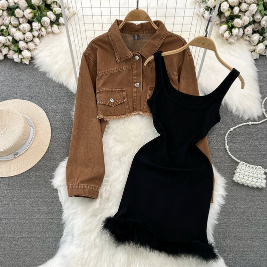 UNIKCOSA Velora Fall Vintage Tunic Crop Top and Denim Dressπ«