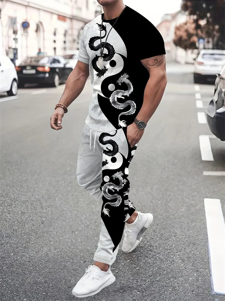 UNIKCOSA Men’s Street Style Set – Bull Print Warm T-Shirt & Long Pants Outfit (Autumn/Winter Edition)