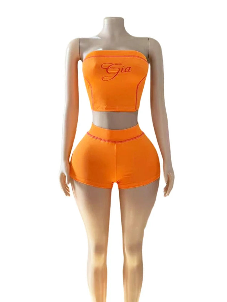 UNIKCOSA’s Bold Letter Print 2-Piece Set — Strapless Tube Top + Stretch Shorts