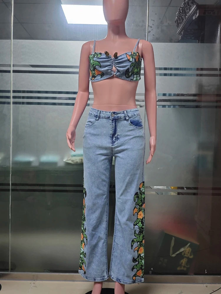 UNIKCOSA’s 2025 Floral Denim Set — Crop Top + Wide-Leg Jeans Streetwear Chic