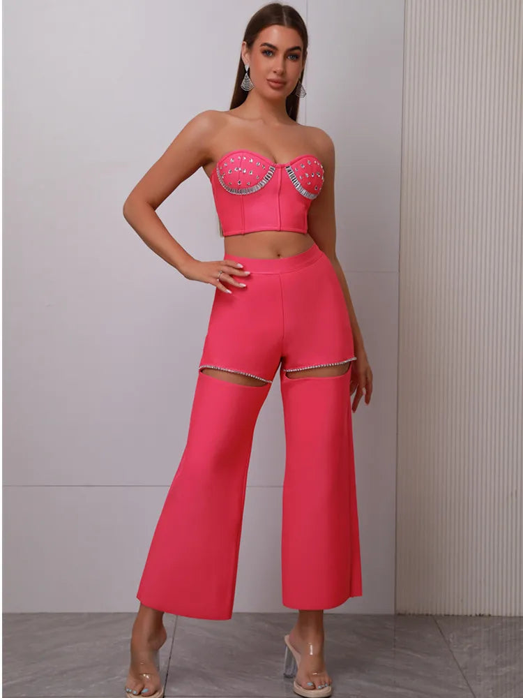UNIKCOSA’s 2025 Pink Beaded Bandage Set — Strapless Backless Crop Top + Cut-Out Pants