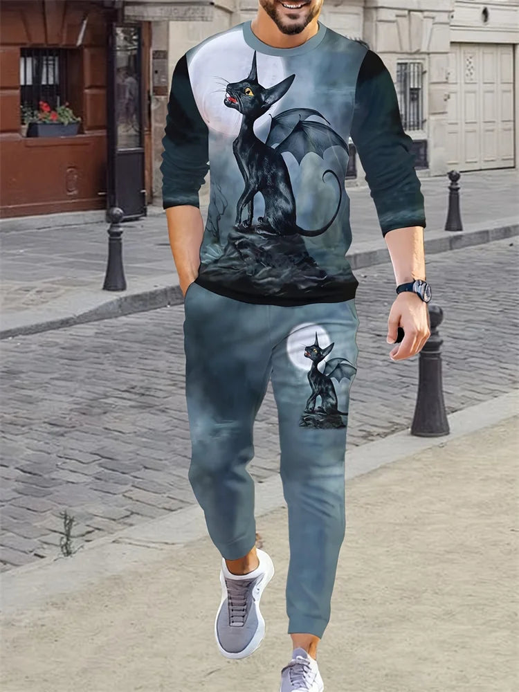 UNIKCOSA Men’s Street Style Set – Bull Print Warm T-Shirt & Long Pants Outfit (Autumn/Winter Edition)